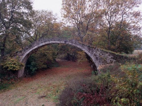 an old stone bridge in the middle of a field at Guesthouse Amanitis Caesarea in Skíti