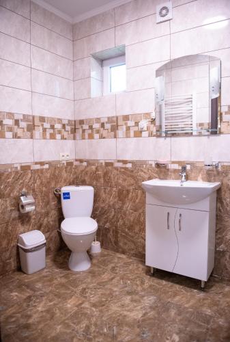 a bathroom with a toilet and a sink and a mirror at Затишна оселя in Mizhhirya