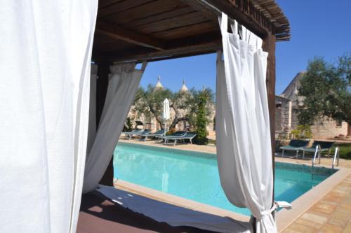 a view of a swimming pool from a patio with white curtains at Masseria Montanaro in Cisternino