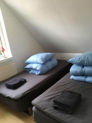 Habitación con 2 camas y almohadas azules. en Ro i skoven - men tæt på byen en Varde