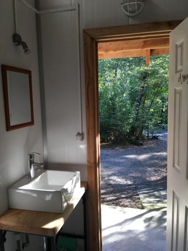 a bathroom with a sink and a door to a yard at Huincaterra in Villarrica