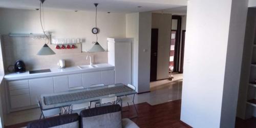 a kitchen with a counter and a table with chairs at Apartment Leśniczówka in Radom