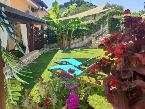 Favola Exclusive b&b في بيسكارا: حديقة بها كرسيين مرجانيين وورود