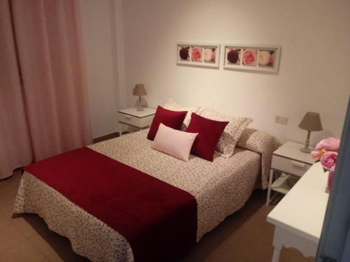 sypialnia z łóżkiem z czerwonymi poduszkami i kanapą w obiekcie APARTAMENTO BEDIESTA w mieście Santa Cruz de la Palma