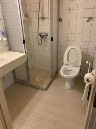 un baño con inodoro y ducha en Hotelli Haapajärvi, en Haapajärvi