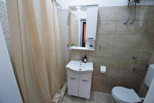 a bathroom with a sink and a toilet and a mirror at Apartman Oaza in Trebinje