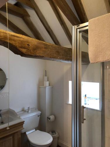 a bathroom with a toilet and a glass shower at Church View Cottage, Ewerby in Sleaford