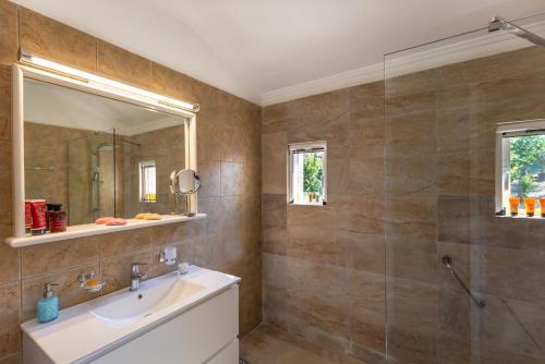 une salle de bain avec un lavabo, une douche et un miroir dans l'établissement Villa OMNIA - Kommeno bay, à Dassia