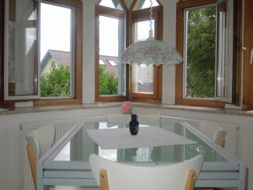 a dining room with a glass table and chairs and windows at Ferienwohnung Nissle in Isny im Allgäu