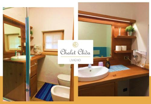 a bathroom with a sink and a toilet and a mirror at Chalet Clida in Livigno