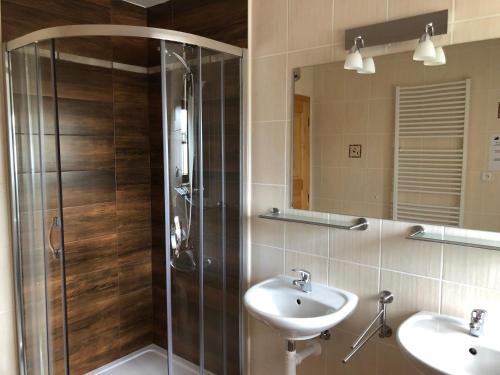 bagno con doccia, 2 lavandini e specchio di CHALUPA Honzík - VILLA Vrchlabí a Vrchlabí