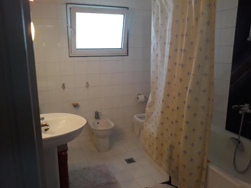 a bathroom with a sink and a toilet and a window at Villa Ioanna in Katerini