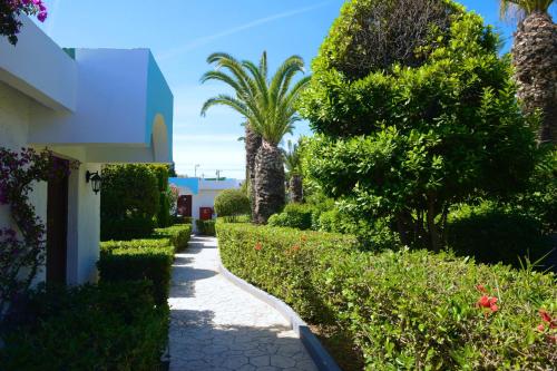 a garden with palm trees and a walkway at Blue Horizon in Ialyssos