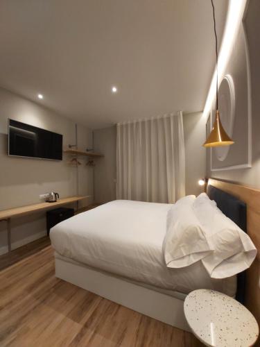 a bedroom with a bed and a desk and a television at Habital Suites in Jaca