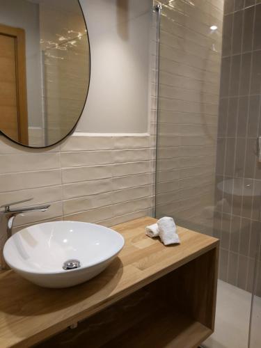 a bathroom with a white sink and a shower at Habital Suites in Jaca