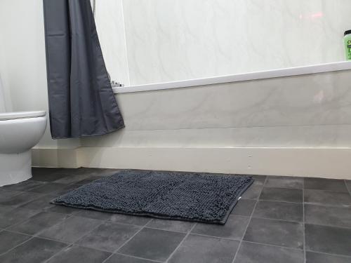 a bathroom with a black rug next to a toilet at Shandon Apt premium Liverpool City Centre in Liverpool