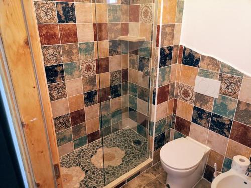a bathroom with a toilet and a tiled shower at La California in Marina di Bibbona
