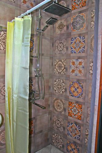 a shower with mosaics on the wall in a bathroom at Shino in Kazbegi