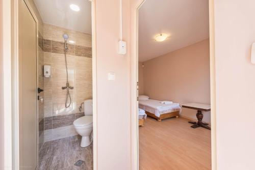 a bathroom with a toilet and a bed in a room at Стаи за гости АЯКС Guest rooms AJAX in Kranevo