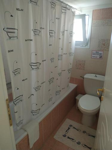 a bathroom with a shower curtain with noddles on it at Porto Maria Holiday Home in Yerakiní