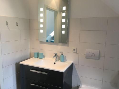 a bathroom with a sink and a mirror at Appartement & Pension Schmidt Kosma in Altenburg