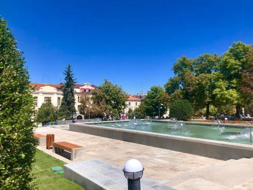 a fountain in the middle of a park at Family Hotel Central in Shumen