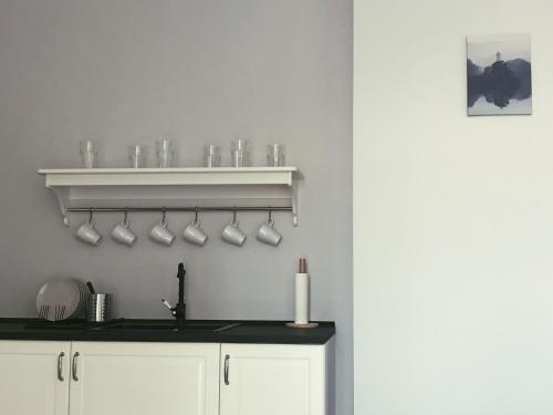 a kitchen with a counter with cups and a shelf at Family Hel in Hel
