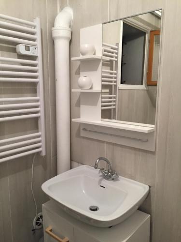 La salle de bains est pourvue d'un lavabo et d'un miroir. dans l'établissement Sous le Château, à Ornans