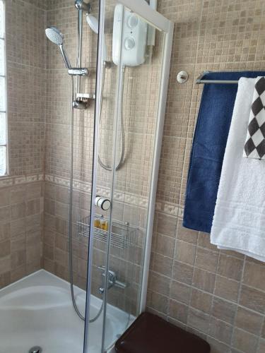 een douche met een glazen deur in de badkamer bij Apartment ,,The Mall Athens" in Athene