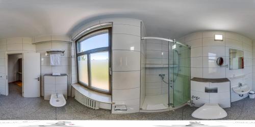 łazienka z 2 toaletami, prysznicem i oknem w obiekcie Alpina home w mieście Rosenheim