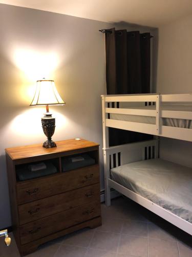 布魯克林的住宿－Brooklyn's Finest - Cozy 2 Bedroom，一间卧室配有两张双层床和梳妆台上的灯。