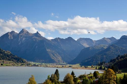 a view of a lake with mountains in the background at B&B Ferienhof am See in Willerzell