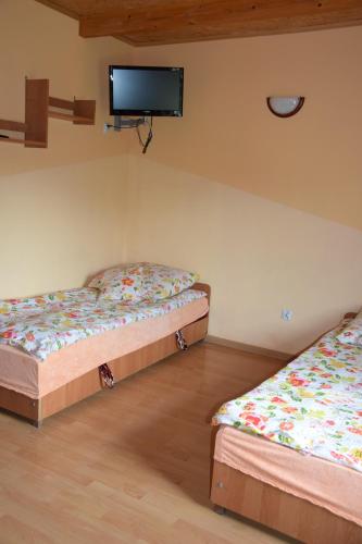 two beds in a room with a tv on the wall at Zajazd agroturystyczny KA-JA in Kiełkowice