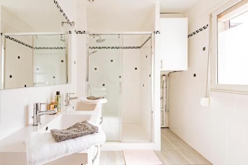 a white bathroom with a shower and a sink at REIMS LA ROMAINE in Reims