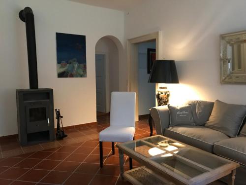 a living room with a couch and a fireplace at Elegantes Gästeapartment Verano in Schloß und Hofgut Langenzell in Wiesenbach