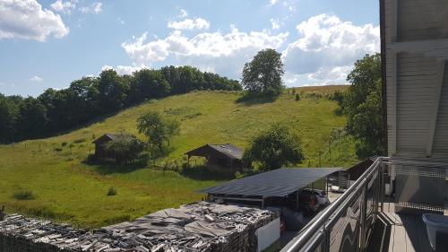 a view of a grassy hill with a house at Ferienwohnung/Monteurzimmer auf dem Bauernhof in Mörlenbach