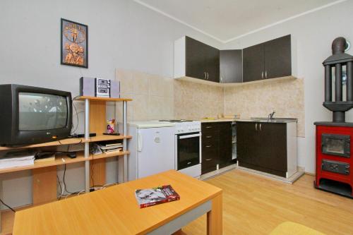 a living room with a kitchen with a tv at Tara lake apartments in Jevtići