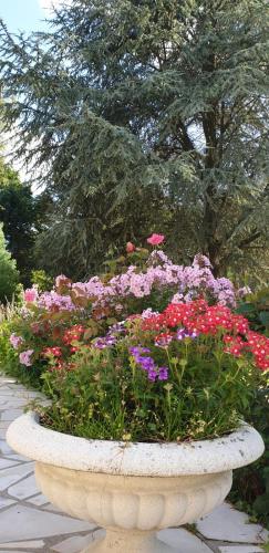 a large stone planter filled with colorful flowers at Crown Roads in Le Faouët