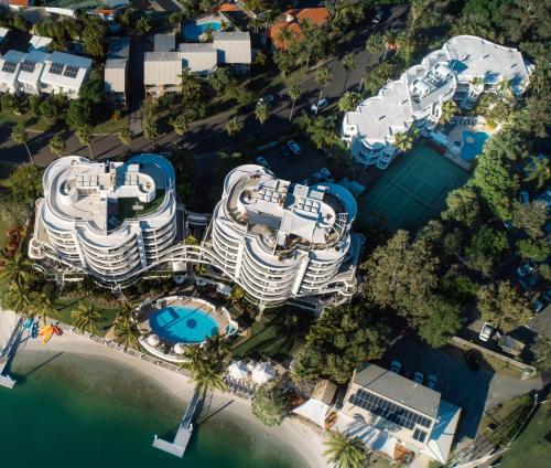 an overhead view of a group of hotel complexes at Noosa Pacific Resort in Noosaville