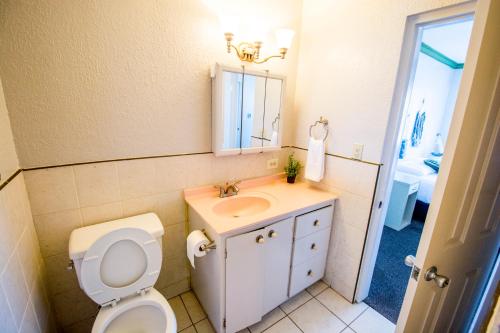 a bathroom with a toilet and a sink and a mirror at 2 BDR - Beachfront Apartment in Concepción