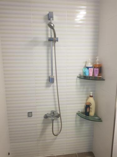 a shower in a bathroom with two shelves on the wall at Purmir Pension in Seogwipo
