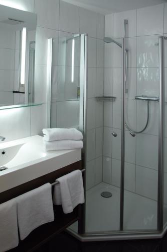 a bathroom with a shower and a sink at Landgasthof Hotel Rittmayer in Hallerndorf