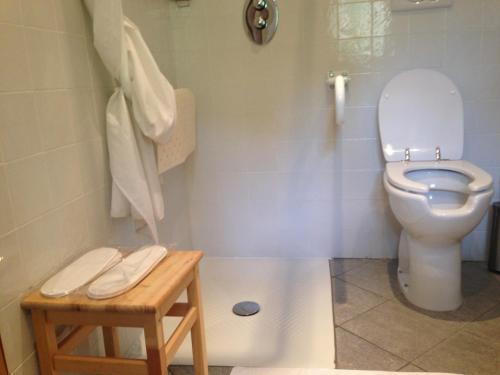 a bathroom with a toilet and a stool in it at Le 5 Frecce in Cavour