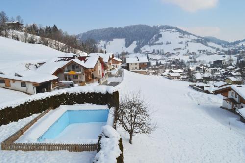 a snowy village with a swimming pool in the snow at Pension Leitenhof in Niederau