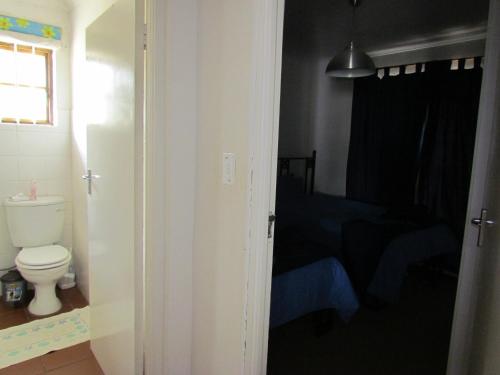 a bathroom with a white toilet and a bedroom at Pumula Guest Farm in Fouriesburg