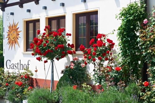 a flower garden in front of a house with red flowers at Gasthof zur Sonne in Röfingen