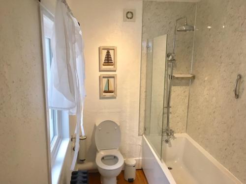 y baño con aseo, ducha y bañera. en Meadfoot Cottage, en Torquay