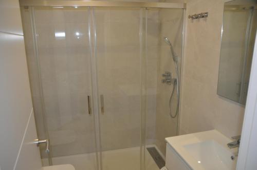 a bathroom with a shower and a toilet and a sink at APARTAMENTO ICEBERG TARIFA in Tarifa