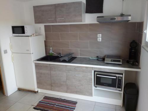 Una pequeña cocina con fregadero y refrigerador. en Studios - Bord de Plage, en Vias