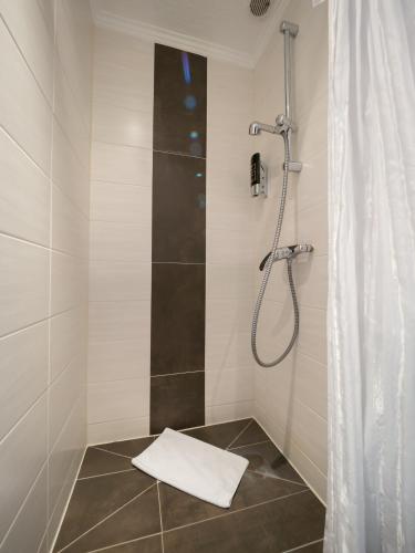 a bathroom with a shower with a shower curtain at Hotel Boritzka in Hamburg